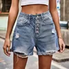 Shorts femininos com botão rasgado jeans verão cintura alta bainha dobrada casual jeans curto