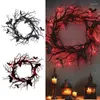 Couronne de fleurs décoratives d'halloween pour porte d'entrée, couronnes de branches noires de chauve-souris avec lumière LED, guirlande lumineuse pour fenêtre murale