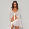 Skirts Abdieso Green Summer Sexy Beach Dress Two Piece Sets Women Outfits 2023 See Through Long Sleeve Top And Mini Skirt Matching