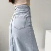 Saias cintura reta split mulheres verão sexy streetwear alta cintura jeans feminino luz azul denim saia vintage irregular