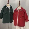 Coat Girls Boys Yün Kış Yeşil Kırmızı Sıcak İnce Noel Eid Giyim İngiliz Kraliyet Tarzı Çocuklar Vintage 231008