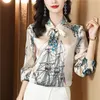 Vintage Ribbon Bow Lapel Red Shirt Long Sleeve Women Designer Silk Satin Blouses 2023 Autumn Winter Office Ladies Chic Geometric Print Button Up Shirts Runway Tops