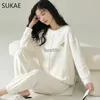 Женская пижама для сна SUKAE, вафельный хлопок, корейский минималистский стиль, женские пижамы, весна-осень, женские пижамы с длинными рукавами, Kawaii, домашние костюмы с круглым вырезомL231005