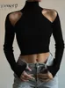 Women's Sweaters Weekeep Basic Black Turtleneck Sweater Pullovers Hollow Out Off Shoulder Skinny Casual Sweaters Streetwear Women Knitwear Jumper 231005