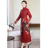 Vêtements ethniques Style chinois Épaissir Veste Mi-longueur Vintage Automne Hiver Chaud Femmes Casual Oriental Tang Costume Impression Slim Manteau Rouge