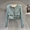 Kvinnorjackor PREPOMP 2023 Autumn Ankomst Långärmning Stickning Single Breasted Button Light Blue Tweed Short Jacket Women GL505