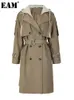 Womens Trench Coats EAM Women Khaki Double Breasted Big Size Hooded Long Sleeve Windbreaker Fashion Spring Autumn 2R765604 230928