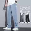 Mens Jeans Summer Soft Lyocell Fabric Thin Loose Straight Pants Drawstring Elastic Waist Korea Casual Trousers Plus Size M5XL 231005