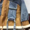 Damesbont Faux winter bontkraag dubbelzijdige faux jas dikke patchwork zak klinknagel ketting chique denim jasje vrouwelijke streetwear 230928