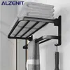 Towel Racks Matte Black Towel Rack 40-60CM Movable Holder With Hook Wall Mount Shelf Aluminum Shower Bar Hanger Rail Bathroom Accessories 230927
