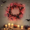 Couronne de fleurs décoratives d'halloween pour porte d'entrée, couronnes de branches noires de chauve-souris avec lumière LED, guirlande lumineuse pour fenêtre murale