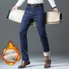 Calças de brim dos homens inverno quente velo homens estiramento reto grosso casual calças jeans térmicas masculino negócios trabalho roupas 231005