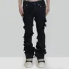 Jeans pour hommes Mode évasée Hommes déchirés en détresse Streetwear Pantalon en denim noir Longs rubans Tendance Man268c