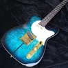 주식 Merle Haggard 서명 Tuff Dog Green Blue Sunburst Electric Guitar Quilted Maple Top Yellow Neck Gold Hardware