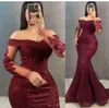 Glitter Bordeaux Zeemeermin Avondjurken Off-shoulder Lange Mouwen Kralen Kant Lovertjes Feestjurken Dames Formele Galajurk Grote maten Speciale Gelegenheidskleding