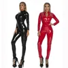 Catsuit Sexy en Latex PU pour femmes, noir, rouge, look mouillé, combinaisons en Faux cuir, Costume brillant, fermeture éclair, entrejambe ouvert, Canvas2751