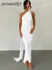 Casual Kleider ZHYMIHRET Elegante Eine Schulter Lange Riemen Kleid Für Frauen 2023 Open Back Sommer Geraffte Maxi Koreanische Mode Robe