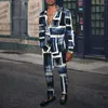 남자 트랙 슈트 스프링 신사 셔츠 바지 체크 무늬 패션 브랜드 3D 남자 정장 재킷 카디건 바지 세트 유럽 크기 남자의 의상