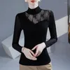 Koszule damskie jesienne modne golf z długim rękawem eleganckie szczupłe koraliki solidny kolor czarne koronki