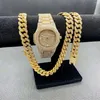 Chains Luxury Iced Out Watch Necklaces Bracelet Mens Hip Hop Jewelry Set Miama Cuban Link Chain Choker Blinged Gold Watches302E