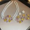 Wedding Jewelry Sets Korean Style Pearl Necklace Earrings For Women Sweet Sunflower Crystal Weddings Banquet 231005