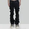 Jeans pour hommes Mode évasée Hommes déchirés en détresse Streetwear Pantalon en denim noir Longs rubans Tendance Man268c