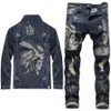 2020 European Style Men Sets Embroidered Indian Stretch Denim Blue 2 Pieces Maching Set Jacket and Hole Jeans Mens Clohing X0124225r