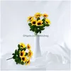 Dekorative Blumenkränze Herbststoffgirlande Blumenstiele Künstlicher Sonnenblumenstrauß mit Blättern aus Seide für Home-Office-Partys und Dh2Ob