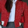 Women's Jackets TRAF Red Tweed Coat Women's Bomber Coat Demi-Season Long Sleeve Top In Outerwears Simple Stylish Women's Clothing 231006