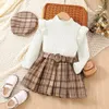 Clothing Sets Baby Girls Spring Autumn Ruffle Long Sleeve Solid Tops+Plaid Pleated Skirt+Belt+Beret Four-piece Suit 2-7Years Kids Clothes Suit 230927