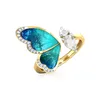 Anillos abiertos para dedos dorados con alas de mariposa azul de fantasía, joyería con dijes, anillos de fiesta ajustables con diamantes de imitación a la moda para mujer 280H