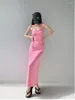 Casual Dresses WOMENGAGA 2023 Sexy And Good Figure Pink Low Neck Strap Long Dress Women's Summer Open Back Mid Length Wrap Hip JMQ5