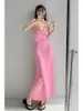 Casual Dresses WOMENGAGA 2023 Sexy And Good Figure Pink Low Neck Strap Long Dress Women's Summer Open Back Mid Length Wrap Hip JMQ5