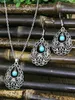 Düğün Takı Setleri Vintage Turquoises Küpe Kadınlar Boho Gümüş Renk Alaşımlı Mavi Taşlı Çiçek Oymalı Damla 231005