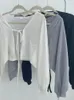 Femmes tricots t-shirts mince blanc Cardigan femmes été crème solaire à lacets tricots hauts dame Style coréen décontracté lanterne manches court soleil protégé haut 231006