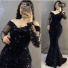 Glitter Burgundy Mermaid Evening Dresses Off the Shoulder Long Sleeves Beaded Lace Sequined Party Gowns Women Formal Prom Dress Plus Size Special Occasion Wear