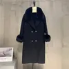 Wełniane mieszanki wełny 2023 Kobiety Big Real Futro Flar Fashion Winter Jacket Cashmere mieszany płaszcz z podwójnym piersi mankiety marszczyków 231006