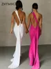 Casual Kleider ZHYMIHRET Elegante Eine Schulter Lange Riemen Kleid Für Frauen 2023 Open Back Sommer Geraffte Maxi Koreanische Mode Robe