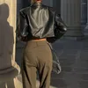 Damen Leder Deeptown Gothic Cropped Motorradjacke Streetwear Langarm Koreanische Mode Rennjacken Schwarz Herbst