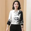 2023 Modekontrast Färggrafisk skjorta Kvinnor Luxur Designer Lanthylsans Silk Satin -knapp Up Skjorta Autumn Winter Chic Office Lamer Lapel Shirt Runway Tops