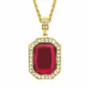 Hip Hop Bling Out Cubic Zirconia piedra roja colgante cuadrado collares para hombres joyería con cadena de oro de 30 pulgadas 236J