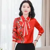 Vintage Lapel Ribbon Bow Red Shirt Silk Satin Women Designer Long Sleeve Runway Blouses 2023 Autumn Winter Fashion Office Ladies Lapel Button Up Shirts Elegant Tops