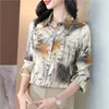 Fijne elegante overhemden met knopen voor zijde satijn Dames Designer Lange mouwen bedrukte blouses Grote maten 2023 Herfst Winter Kantoor Dames Revers Casual Runway Top en blouse