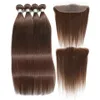 Perruques synthétiques 12A 10 "32" #4, cheveux humains lisses brun chocolat avec fermeture frontale, tissage brésilien brut 231006