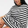 Plus Size Dresses Loose Summer Elegant Tunic Dress Women Drop Shoulder Half Sleeve Oversize Casual T-shirt Black Striped Tee