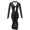 Stage Wear Velvet Latin Dance Dress Women Tango Modern Feather Ballroom Performance Costume Sexy Black JL3972