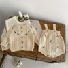 Clothing Sets INS2023 Autumn Baby Girl 2PC Clothes Set Cotton Knitted Embroidery Flower Hollow Coat Suspender Romper Suit Toddler Girl Sweater 230927