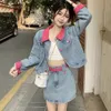 Duas peças vestido moda coreano demin saia conjuntos para mulheres temperamento cintura alta envoltório hip manga longa jaqueta mini saias conjunto 231005