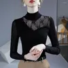 Dames T-shirts Herfstmode Coltrui Lange mouwen Elegante slanke kralen Effen kleur Zwart kanten tops