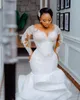 2023 out árabe aso ebi plus size sereia vestido de casamento branco para noiva frisado cristais cetim lantejoulas rendas vestidos de noiva zj048